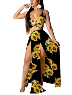 Women Sexy 2 Piece Outfits Dress Chiffon Strap Deep V Neck Bra Crop Top High Split Maxi Dresses Skirt Set