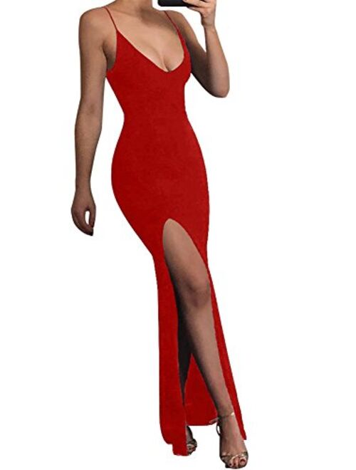 TOB Sexy Bodycon Sleeveless Spaghetti Strap Deep V-Neck Side Slit Evening Long Dress