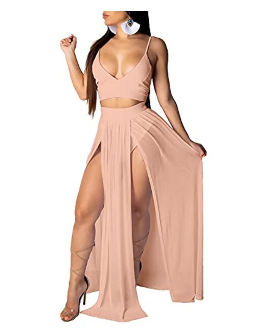 Rela Bota Women's Sexy Summer 2 Piece Maxi Chiffon Dress Crop Top Skirt Set Beachwear
