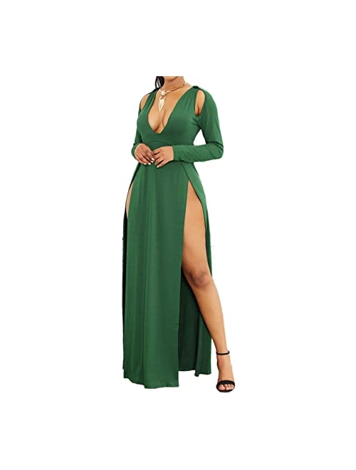 Bodycon4U Sexy Double High Slit Plunging V Neck Long Sleeve Club Party Beach Maxi Dress