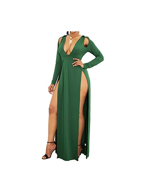 Bodycon4U Sexy Double High Slit Plunging V Neck Long Sleeve Club Party Beach Maxi Dress