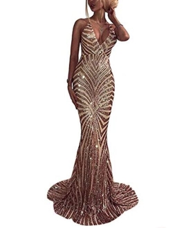 Ohvera Women's Spaghetti Strap Sequined V Neck Party Cocktail Evening Prom Gown Mermaid Maxi Long Dress