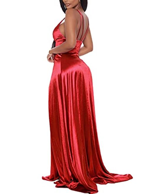 Ohvera Women's Spaghetti Strap Sequined V Neck Party Cocktail Evening Prom Gown Mermaid Maxi Long Dress