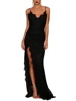 made2envy Lace High Slit Open Back Evening Gown