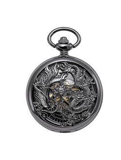 Mechanical Skeleton Pocket Watch Lucky Phoenix & Dragon Hollow Case with Chain   Gift Box