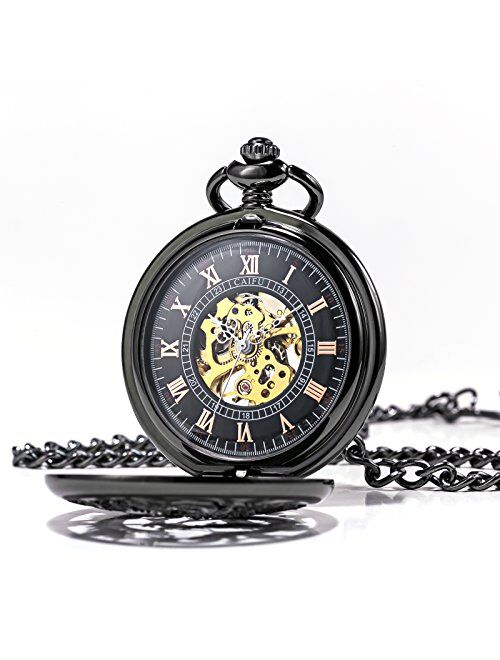 TREEWETO Mechanical Skeleton Pocket Watch Lucky Phoenix & Dragon Hollow Case with Chain + Gift Box