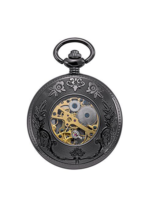 TREEWETO Mechanical Skeleton Pocket Watch Lucky Phoenix & Dragon Hollow Case with Chain + Gift Box