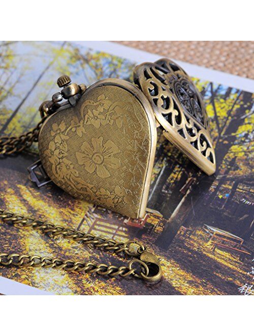 Souarts Antique Bronze Color Hollow Heart Shape Pocket Watch