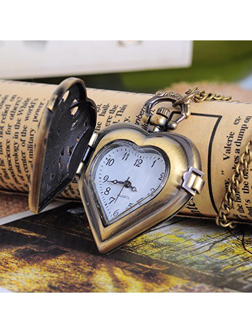 Souarts Antique Bronze Color Hollow Heart Shape Pocket Watch