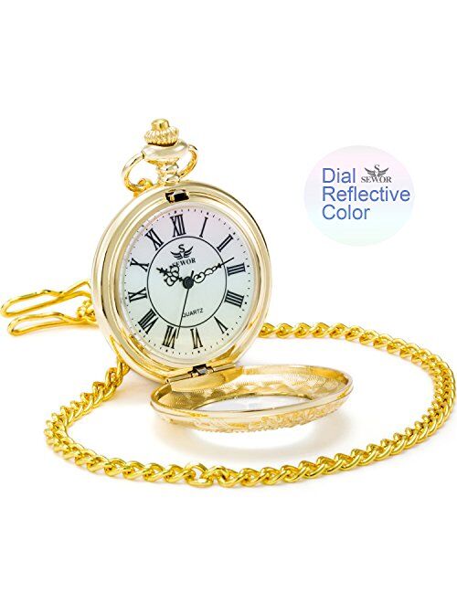SEWOR Quartz Pocket Watch Shell Dial Magnifier Case with Two Type Chain (Leather+Metal)