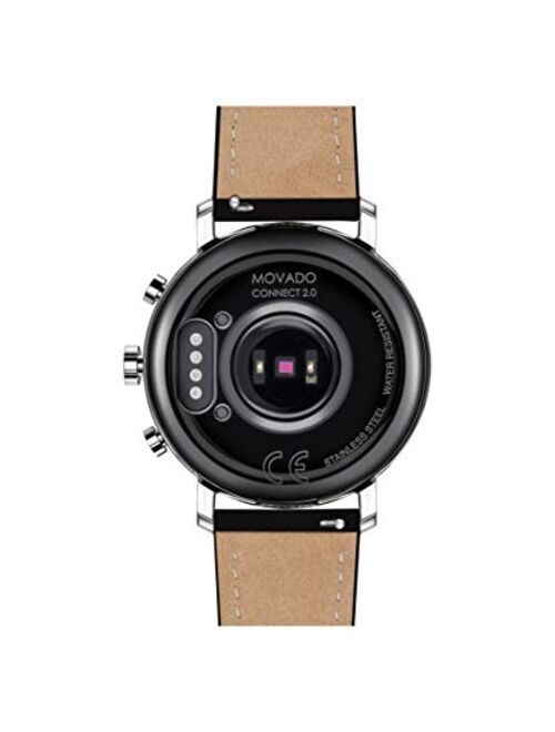 Movado Connect 2.0 Unisex Powered with Wear OS by Google Stainless Steel and Black Leather Smartwatch, Color: Black (Model: 3660028)