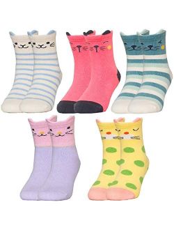 Jewatiby 5 Pairs Toddler Kids Little Girls Socks Cute Animal Cat Gift Soft Cotton Socks