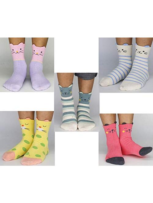 Jewatiby 5 Pairs Toddler Kids Little Girls Socks Cute Animal Cat Gift Soft Cotton Socks