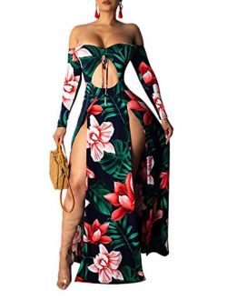 Women's Off Shoulder Maxi Dress Sexy Floral Print High Slit Long Sleeve Cutout Long Dress