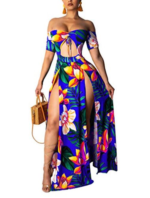 Aro Lora Sexy Off Shoulder Floral Print Short Sleeve Cutout Double High Slit Long Maxi Party Dress