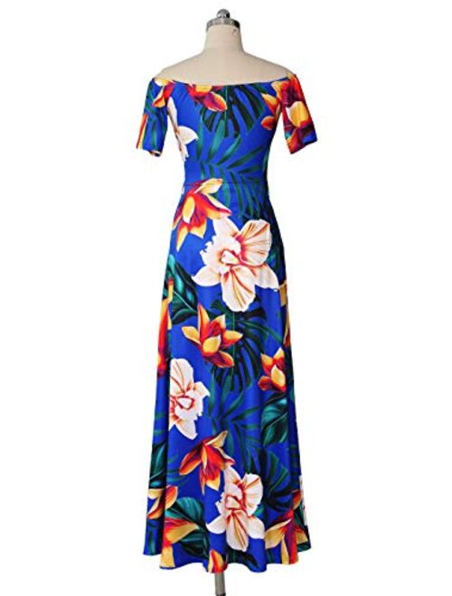 Aro Lora Sexy Off Shoulder Floral Print Short Sleeve Cutout Double High Slit Long Maxi Party Dress