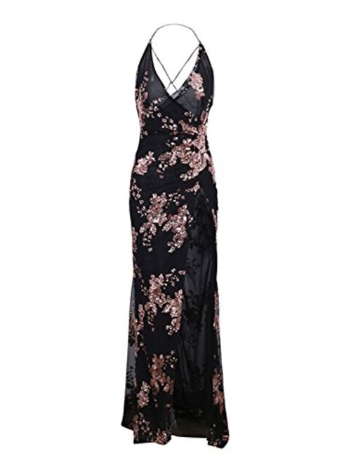 BerryGo Women's Sexy Backless Halter High Split Floral Sequin Maxi Dress Black,S