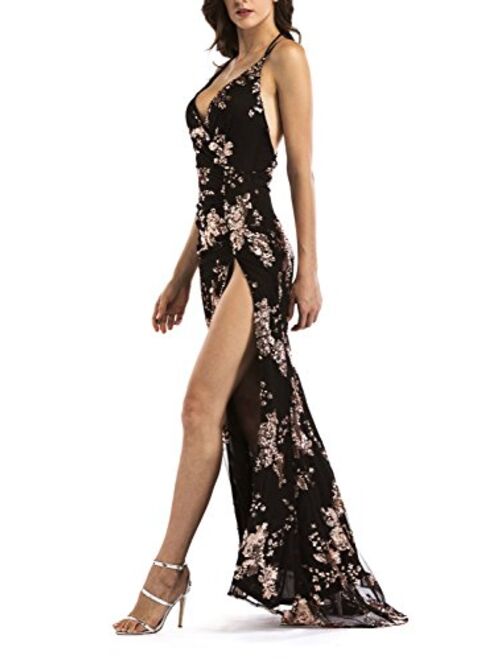 BerryGo Women's Sexy Backless Halter High Split Floral Sequin Maxi Dress Black,S