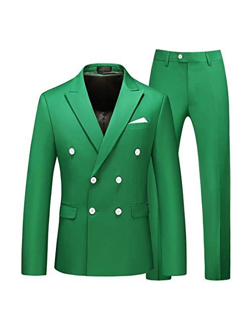 MOGU Mens 2 Piece Suit Slim Fit Double Breasted Blazer and Pants Solid Color Prom Tuxedo