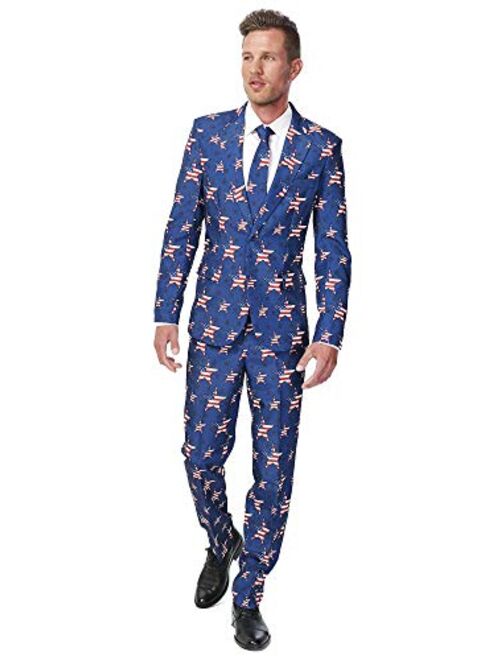 Suitmeister USA Suit with American Flag Print for Men Coming with Pants, Jacket & Tie - Perfect for 4th of July