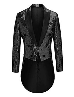 MAGE MALE Mens Sequin Tuxedo Jacket Tails Slim Fit Tailcoat Dress Coat Swallowtail Dinner Party Wedding Blazer Suit Jacket