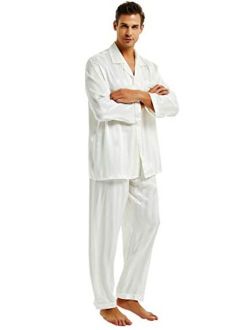 LONXU Mens Satin Long Button-Down Pajamas Set, Stripped PJ, S~4XL