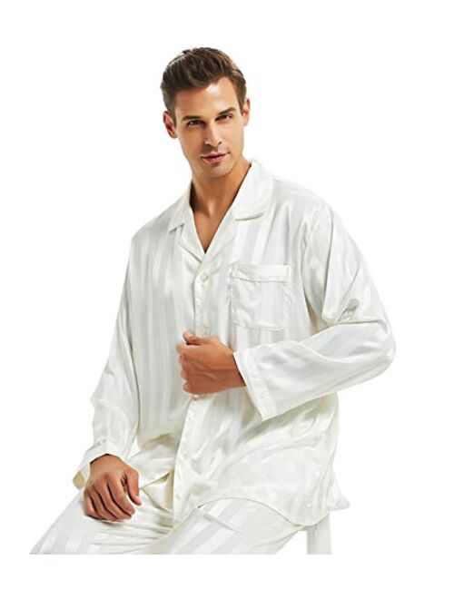 LONXU Mens Satin Long Button-Down Pajamas Set, Stripped PJ, S~4XL