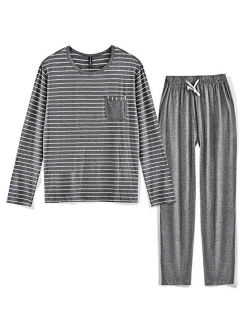 80 Manufacturing Men's Pajama Set Long Sleeve Sleepwear Striped Grey Cotton Casual Loungewear