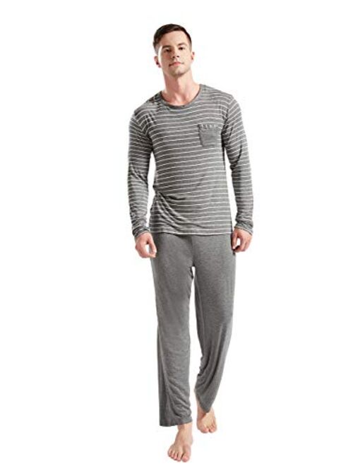 80 Manufacturing Men's Pajama Set Long Sleeve Sleepwear Striped Grey Cotton Casual Loungewear