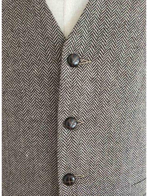 RONGKIM Men's Brown Wool Herringbone Groom Vest Formal Groom's Wear Suit for Wedding Waistcoat Plus Size