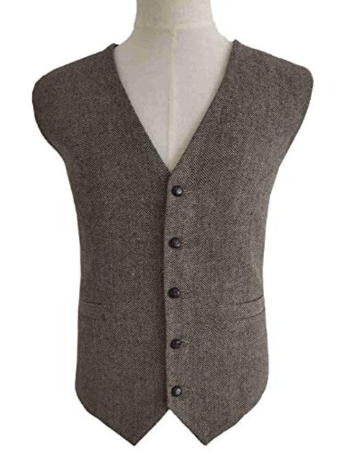 RONGKIM Men's Brown Wool Herringbone Groom Vest Formal Groom's Wear Suit for Wedding Waistcoat Plus Size