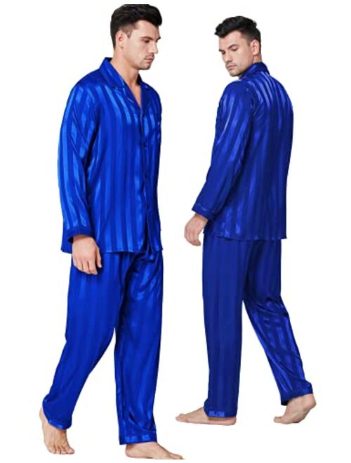 LONXU Mens Satin Long Button-Down Pajamas Set S~4XL
