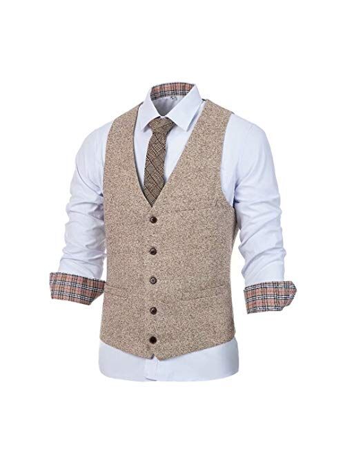 Wehilion Mens Tweed Vest Herringbone Full Back Wool Blend V-Neck Slim Fit Waistcoat