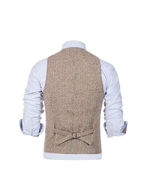 Wehilion Mens Tweed Vest Herringbone Full Back Wool Blend V-Neck Slim Fit Waistcoat