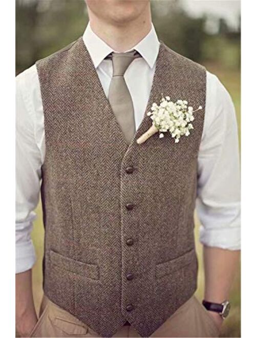 Onlylover Men's Wool Herringbone Groom Vests Formal Groom's Wear Suit Vest Skinny Wedding Dress Waistcoat