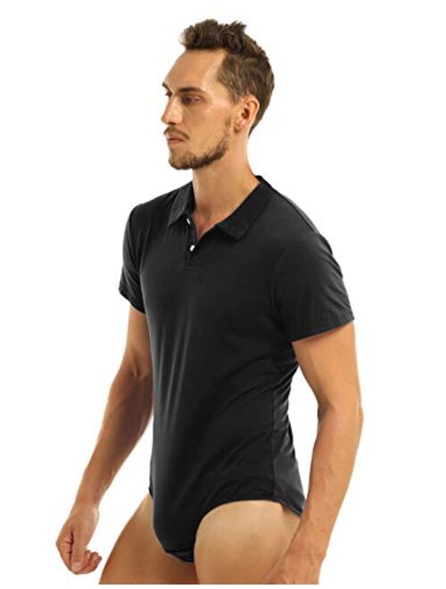 YONGHS Men's Short Sleeve Turn-Down Collar Button Crotch Shirt Bodysuit Snappies Romper Jumpsuit