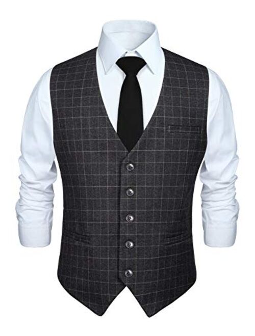 HISDERN Men's Suit Vest Business Formal Dress Vest for Tuxedo Slim Fit Cotton Plaid Waistcoat Wedding