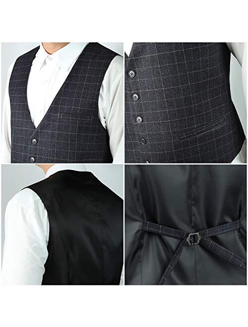 HISDERN Men's Suit Vest Business Formal Dress Vest for Tuxedo Slim Fit Cotton Plaid Waistcoat Wedding