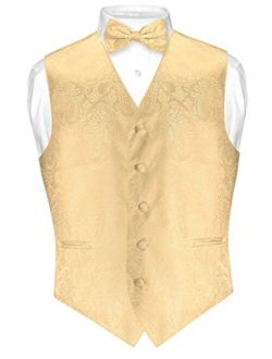Men's Paisley Design Dress Vest & Bow Tie Gold Color Bowtie Set for Suit Tux