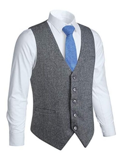Mens Herringbone Tweed Vest 5 Buttons Slim Fit Premium Wool Fullback Formal Dress Waistcoat for Suit Wedding