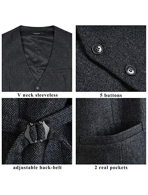 HISDERN Mens Herringbone Tweed Vest 5 Buttons Slim Fit Premium Wool Fullback Formal Dress Waistcoat for Suit Wedding