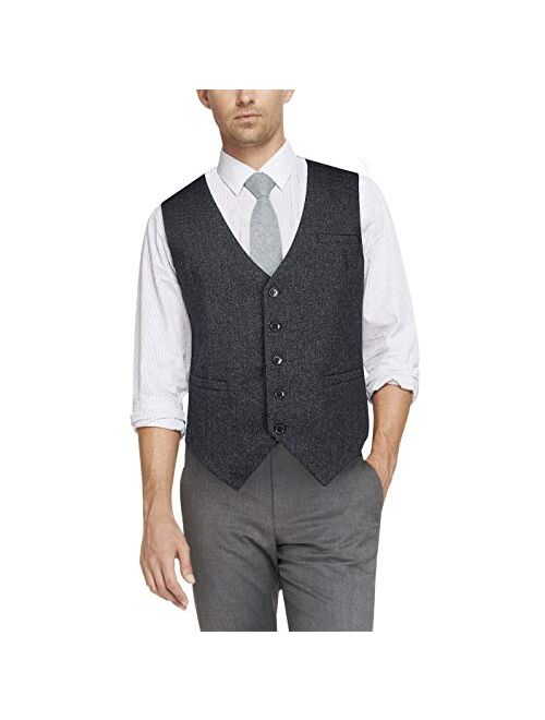 HISDERN Men's Tweed Wool Suit Vest Formal Premium Slim Fit Herringbone Blend Tuxedo Waistcoat for Groom Wedding Party Gray