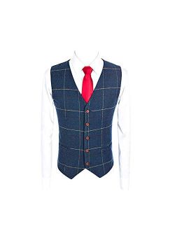 Mens Premium Wool Blend Tweed Herringbone Slim Fit Wedding Tuxedo Waistcoat Suits Vest