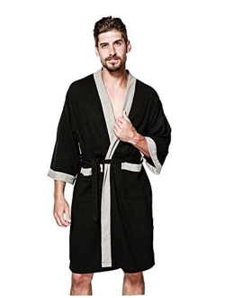 YIMANIE Men's Waffle-Weave Robe Cotton Spa Bathrobe Lightweight Soft Kimono Sleepwear