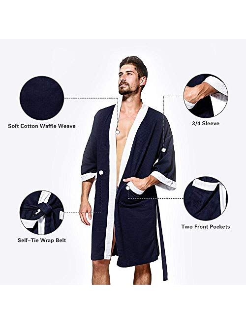 YIMANIE Men's Waffle-Weave Robe Cotton Spa Bathrobe Lightweight Soft Kimono Sleepwear