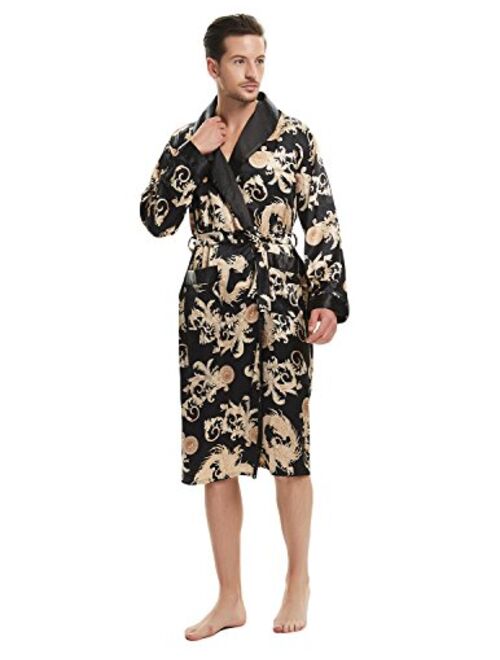 Haseil Men's Satin Robe Dragon Luxurious Silk Spa Long Sleeve House Kimono Bathrobe