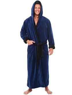 Men's Warm Fleece Robe with Hood, Big and Tall Contrast Bathrobe
