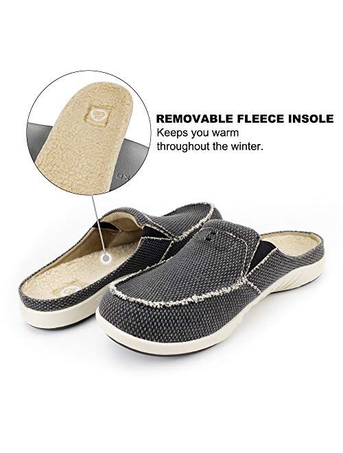 Mens Slippers with Arch Support, Canvas House Slipper for Men with Velvet Lining, Slip On Clog House Shoes with Indoor Outdoor Anti-Skid Rubber Sole