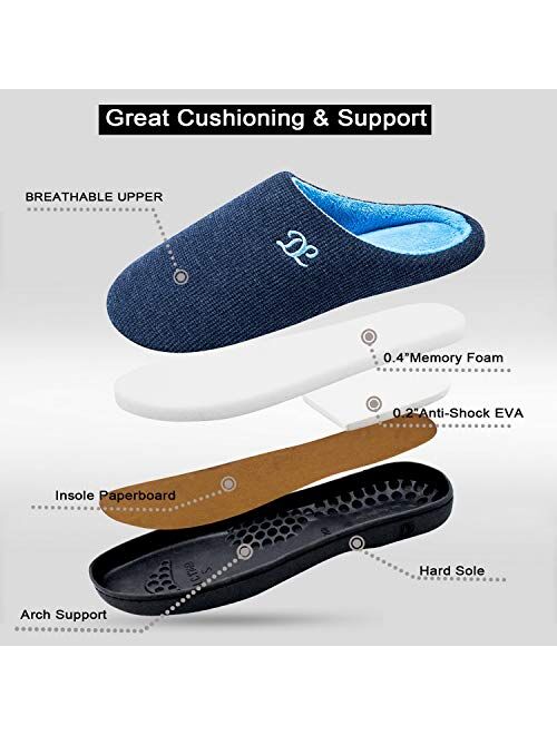 DL Mens-Memory-Foam-Slippers, Slip on Bedroom Slippers for Mens Indoor Outdoor, Men's House Slippers Non-Slip Hard Rubber Sole, Warm Soft Flannel Lining Man Slippers Blac