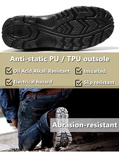 diig Work Boots for Men, Steel Toe Waterproof Working Boots, Slip Resistant Anti-Static Slip-on Safety EH Working Shoes 6 8 9 10 11 12 13 (Black)